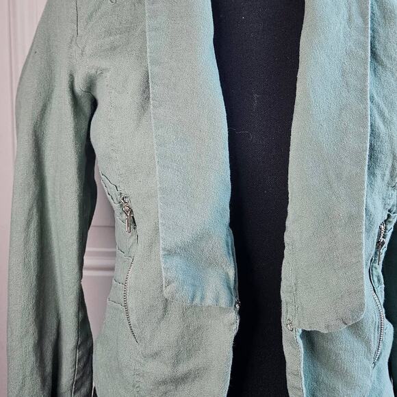 Chocolate USA Sage Green Linen Blazer Juniors Size Medium Zip Pockets Hook Close - Picture 4 of 11